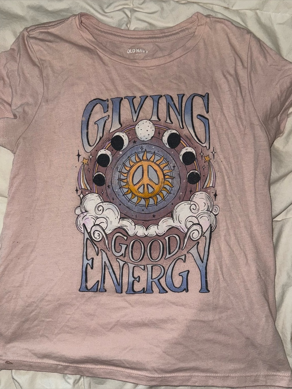 Old Navy Pink Graphic Tee with 'Giving Good Energy' Sun & Moon Art